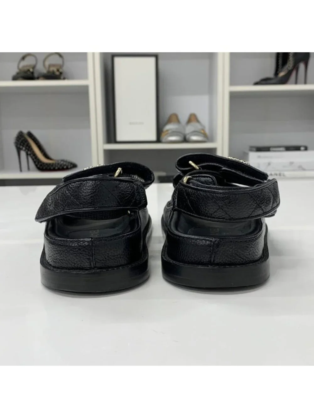 Chanel CC Logo Quilted Leather Chain Velcro Sandals Black